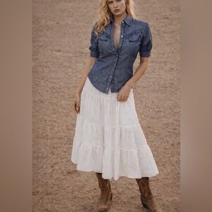 G Star Raw Western Kick Puff Snap Top Women L Ruffle Structured Denim Rodeo Yoke